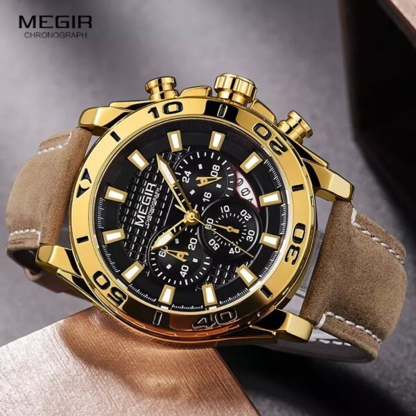 Megir Watch True Three-eye Quartz Date Leather Strap
