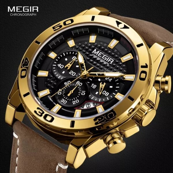 Megir Watch True Three-eye Quartz Date Leather Strap